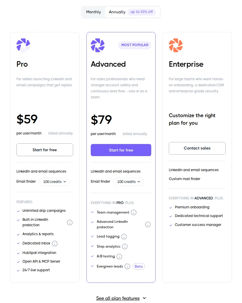 Dripify Pro, Advanced and Enterprise plans with annual billing selected