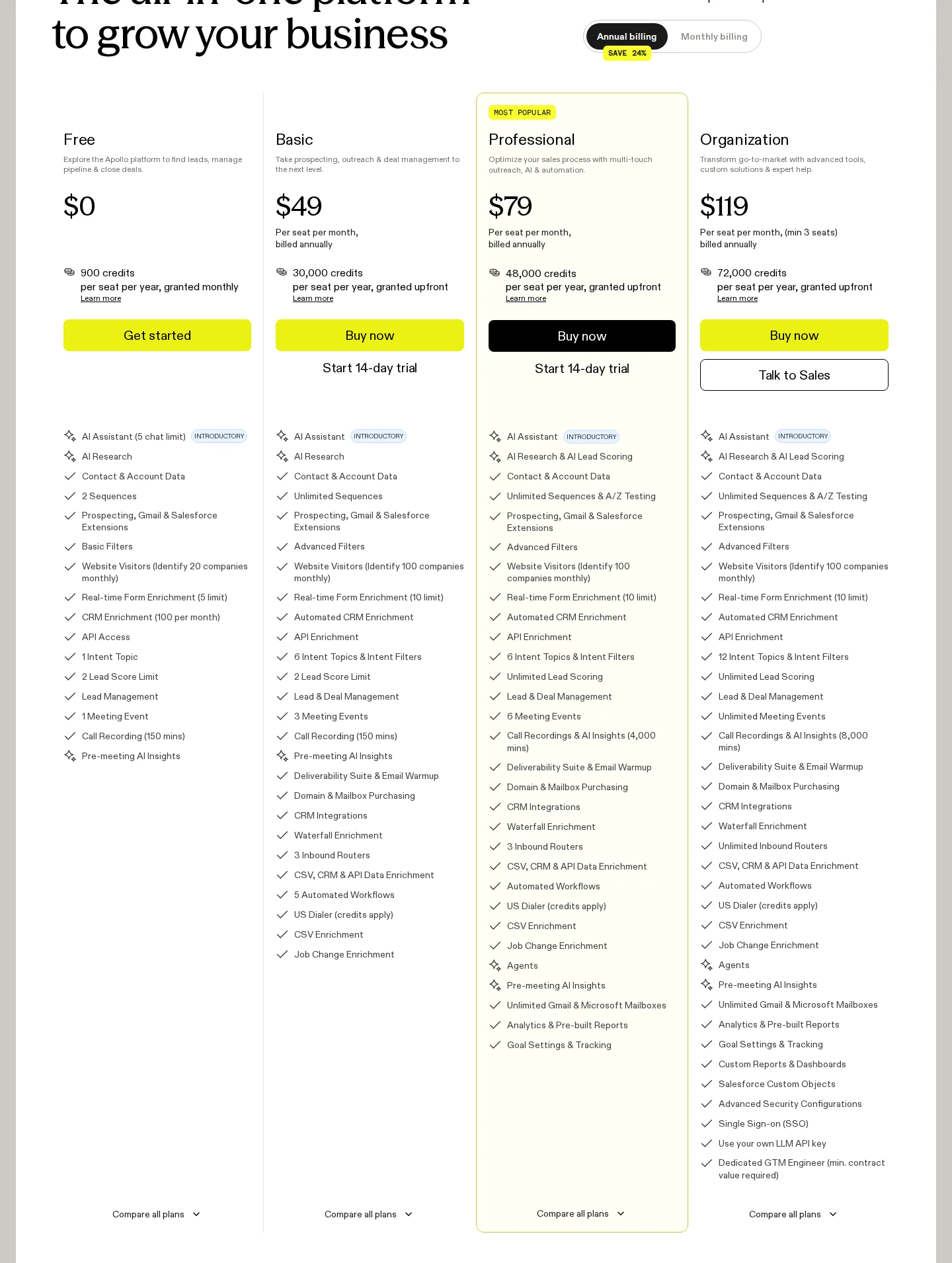 Apollo official pricing and plans