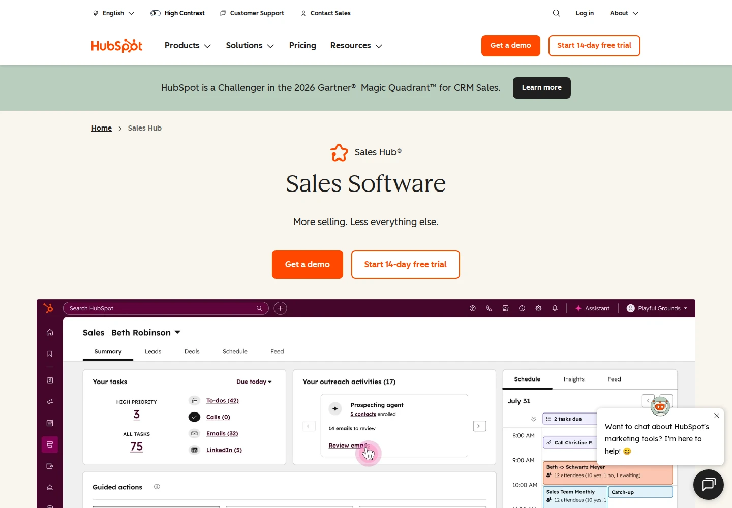 HubSpot Sales Hub official product homepage hero