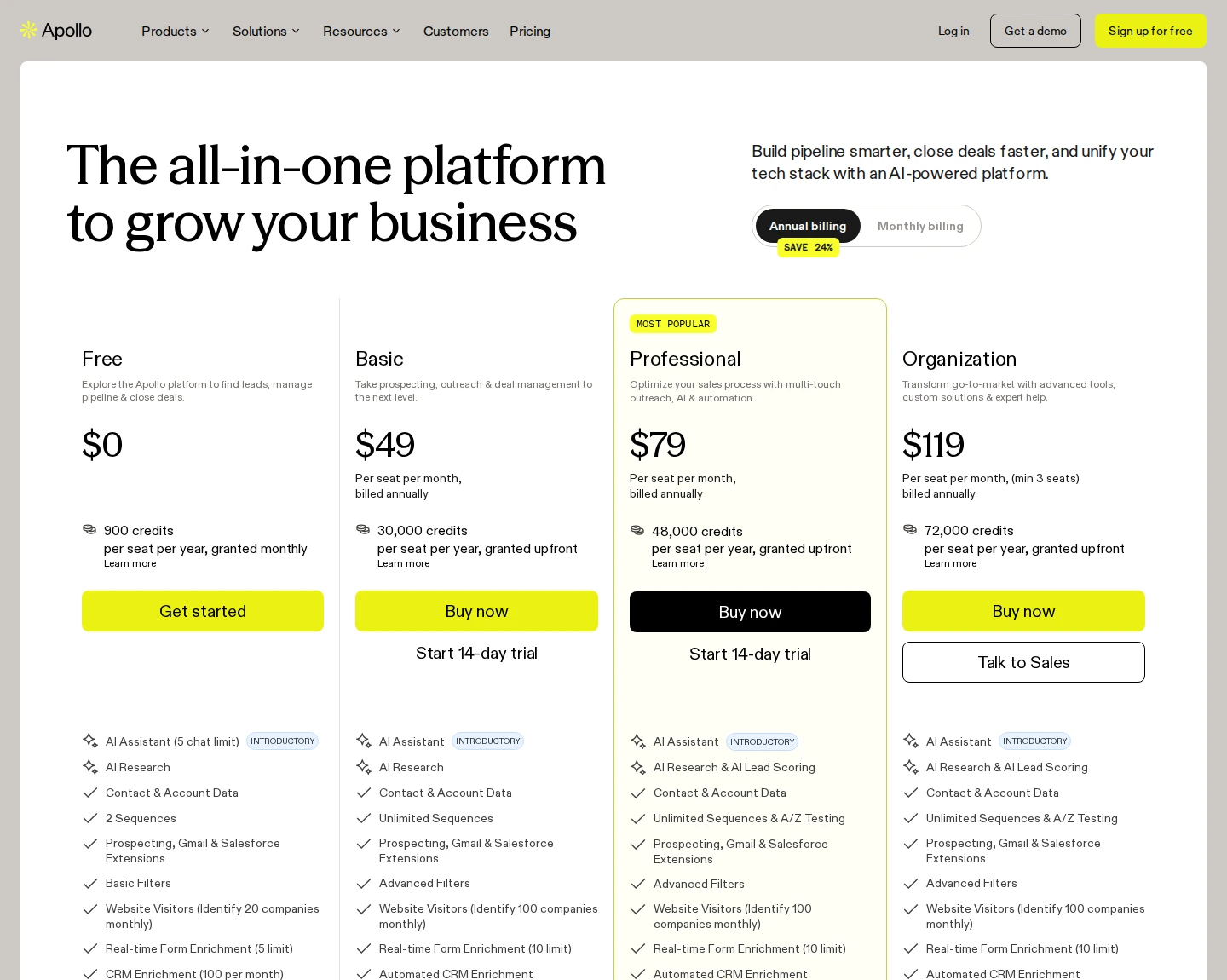 Apollo complete useful pricing section