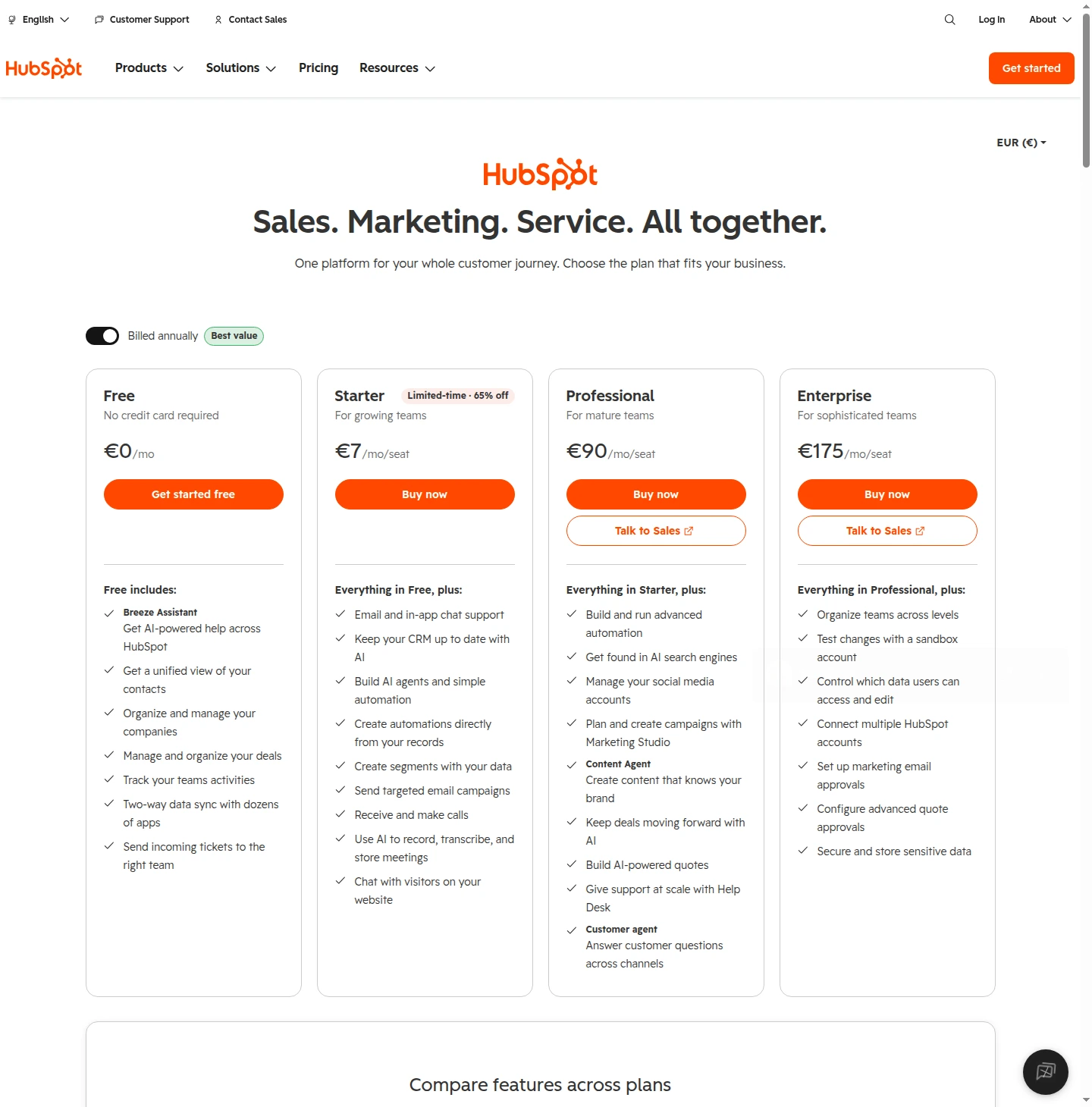 HubSpot complete useful pricing section