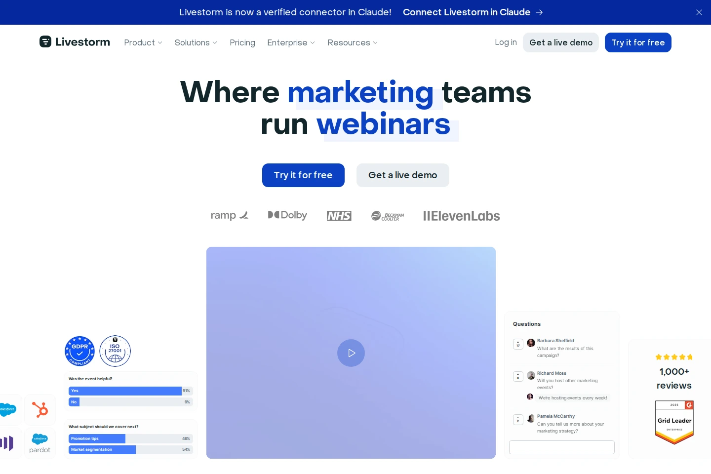 Livestorm official homepage for webinars and video engagement
