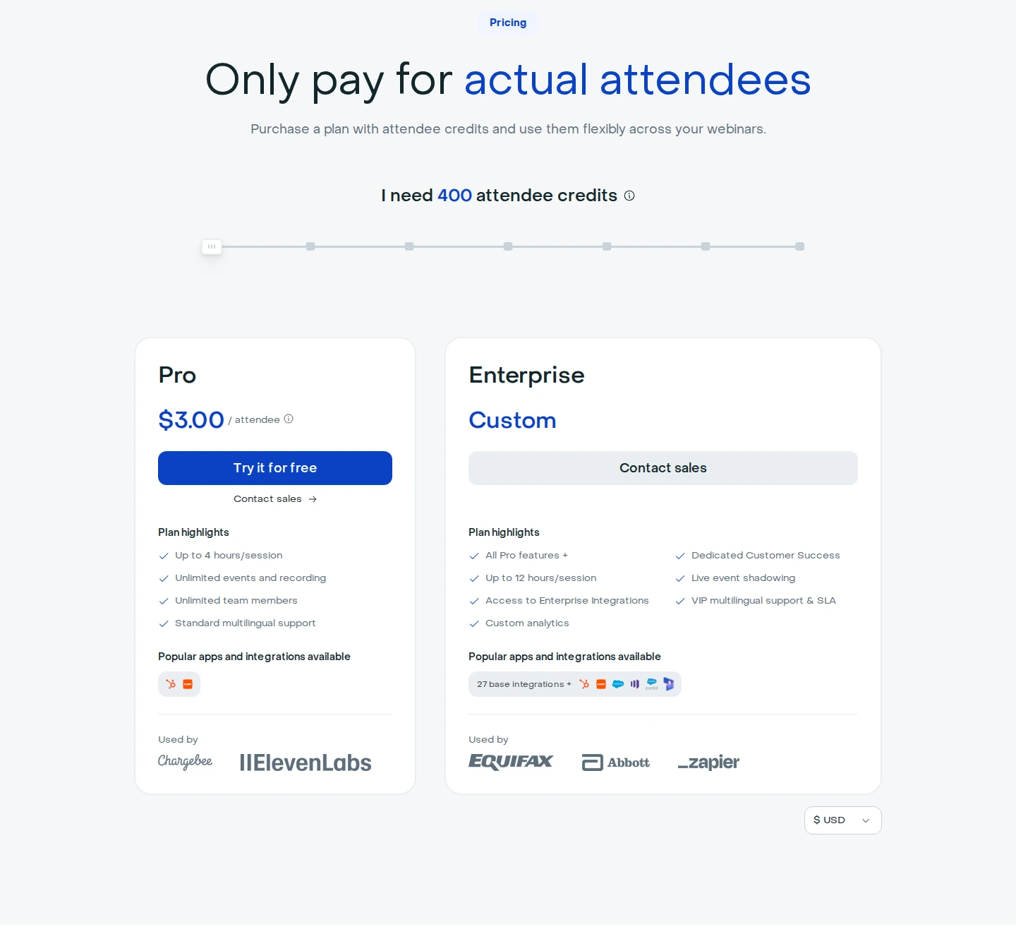 Livestorm Pro and Enterprise pricing with 400 attendee credits and USD selected