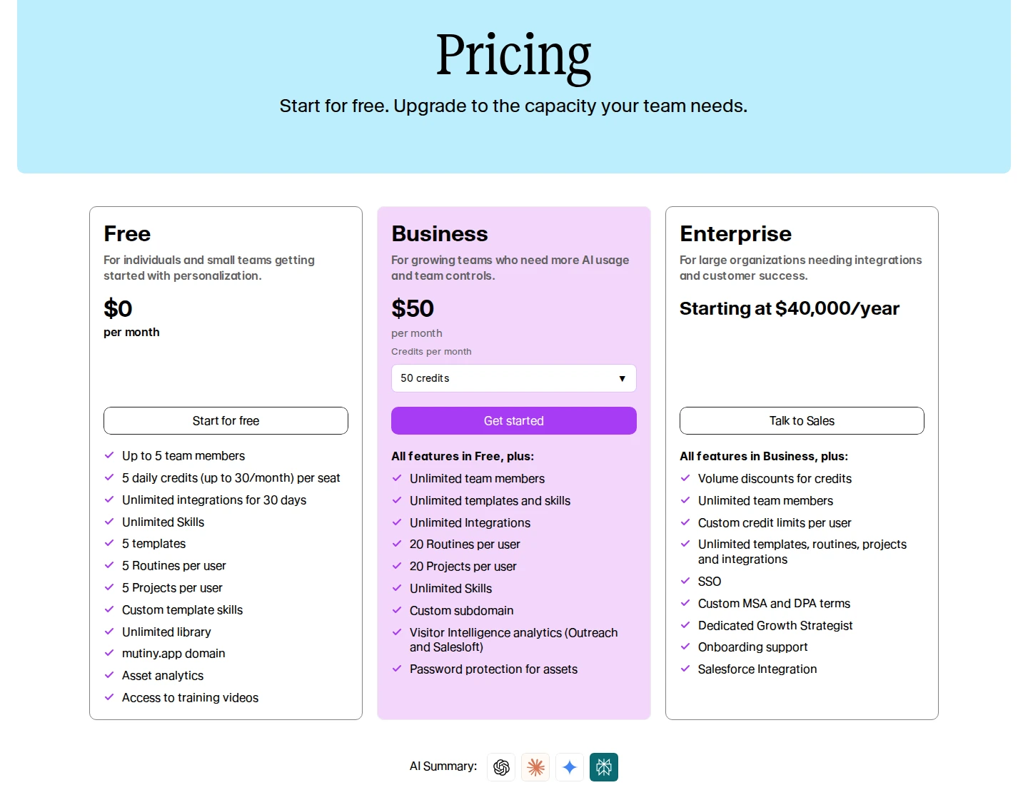 Mutiny complete Free Business and Enterprise pricing with 50 credits selected