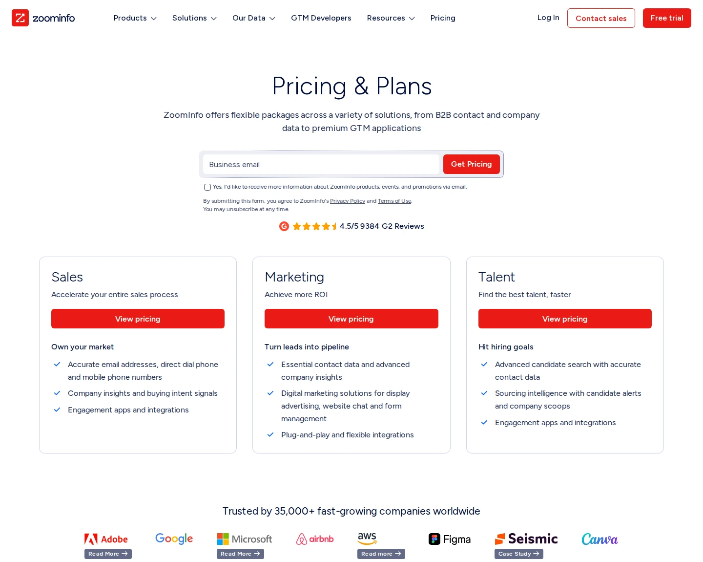 ZoomInfo complete useful pricing section