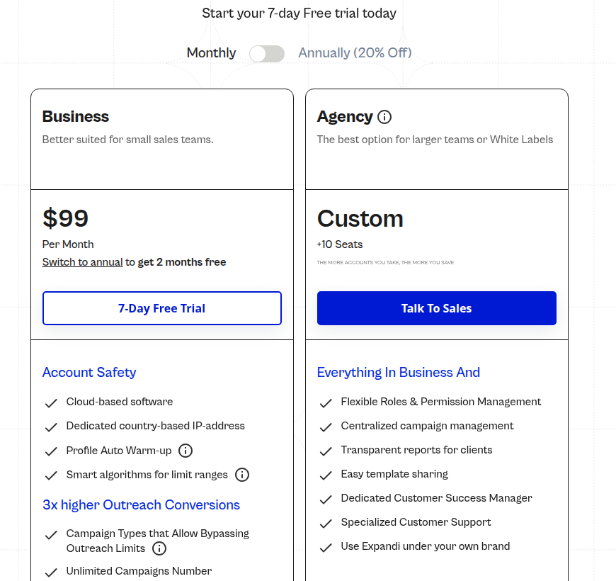 Expandi Business and Agency monthly pricing