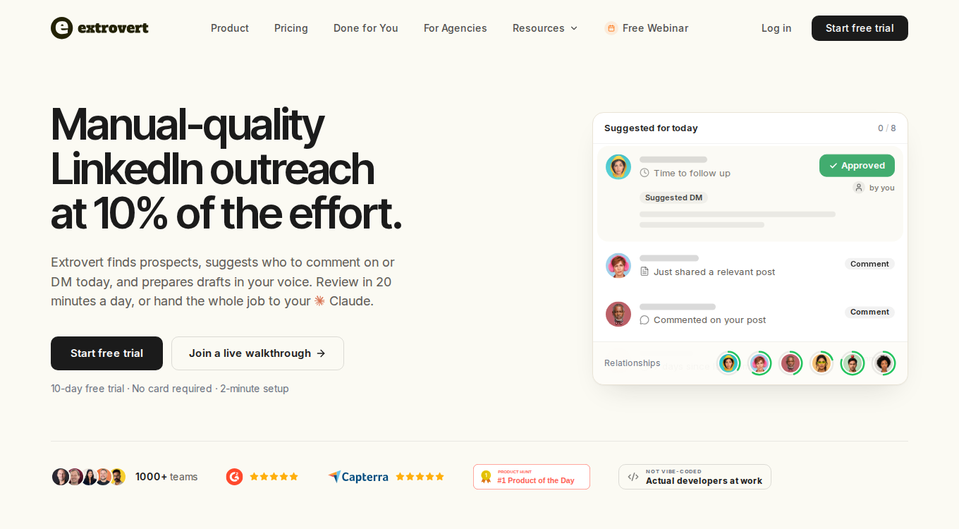 Extrovert homepage showing its LinkedIn outreach positioning