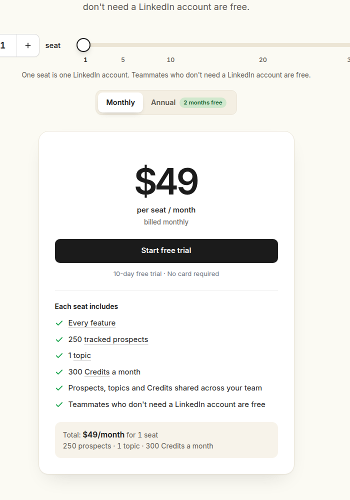 Extrovert pricing showing a monthly LinkedIn-account seat and included capacity
