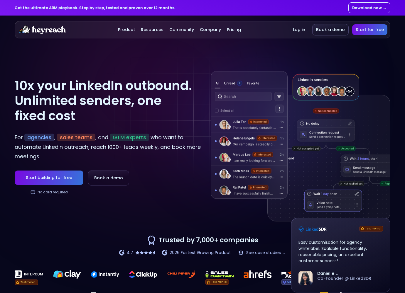 HeyReach homepage positioning its multi-account LinkedIn outreach