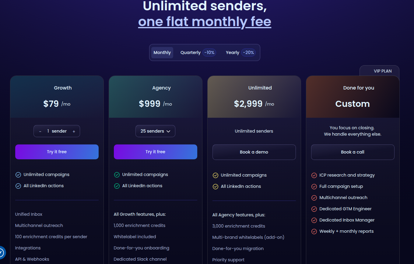 HeyReach monthly pricing for Growth, Agency, and Unlimited