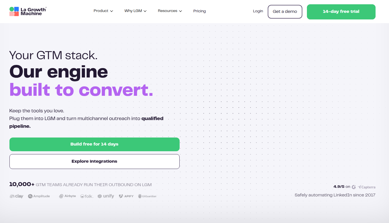 La Growth Machine homepage showing its multichannel prospecting workflow