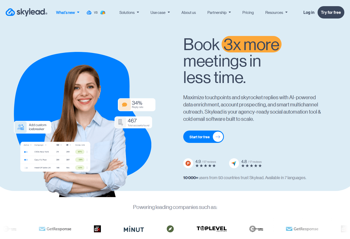 Skylead homepage introducing LinkedIn and email outreach
