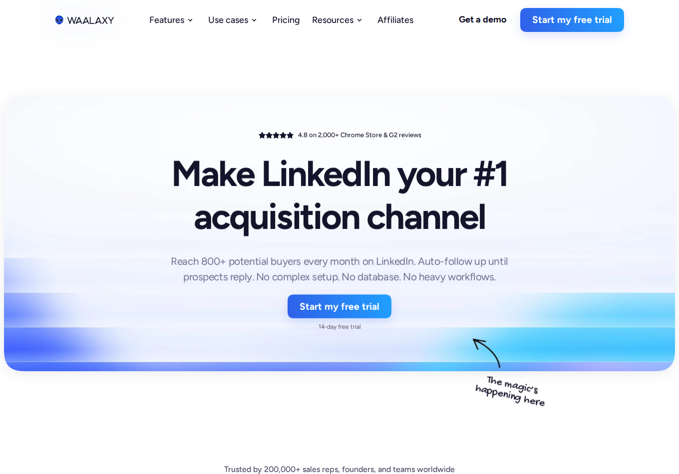 Waalaxy homepage introducing its prospecting and outreach software
