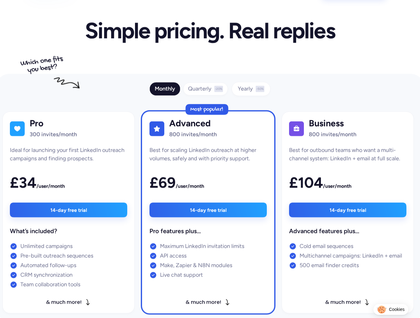 Waalaxy monthly GBP pricing for Pro, Advanced, and Business