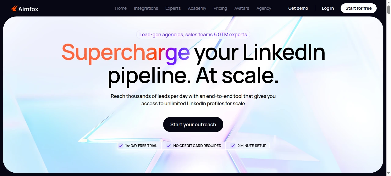 Aimfox homepage showing its outreach workflow and positioning.