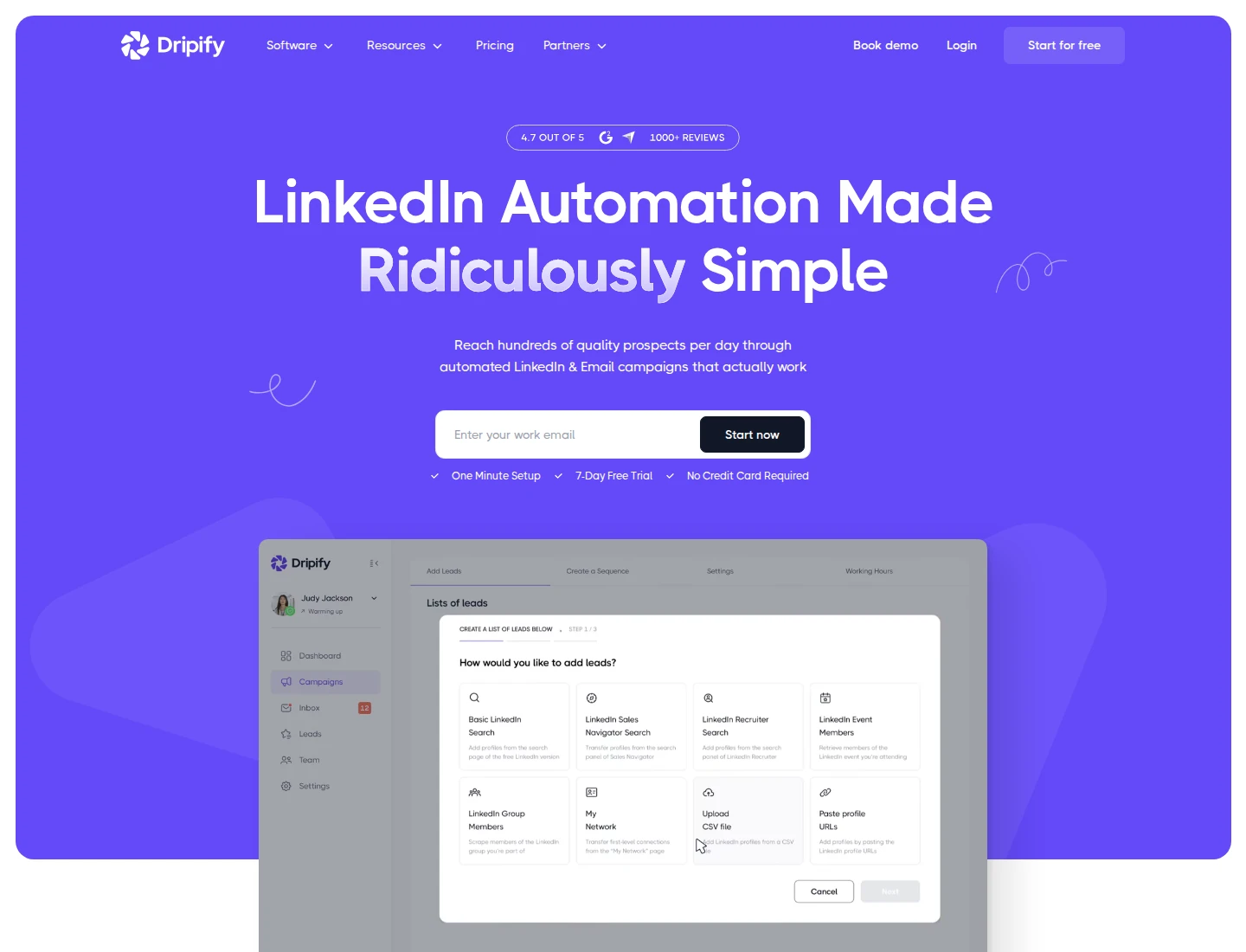 Dripify homepage showing its outreach workflow and positioning.