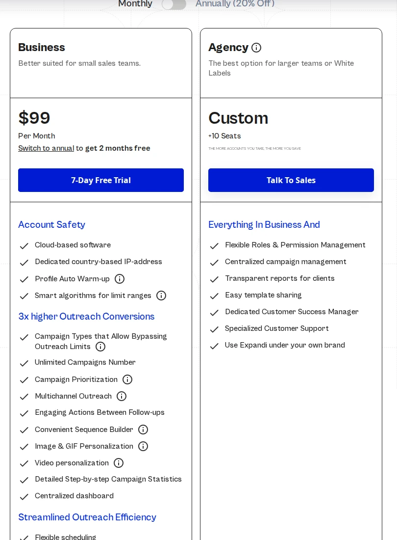 Expandi monthly pricing and plan conditions.