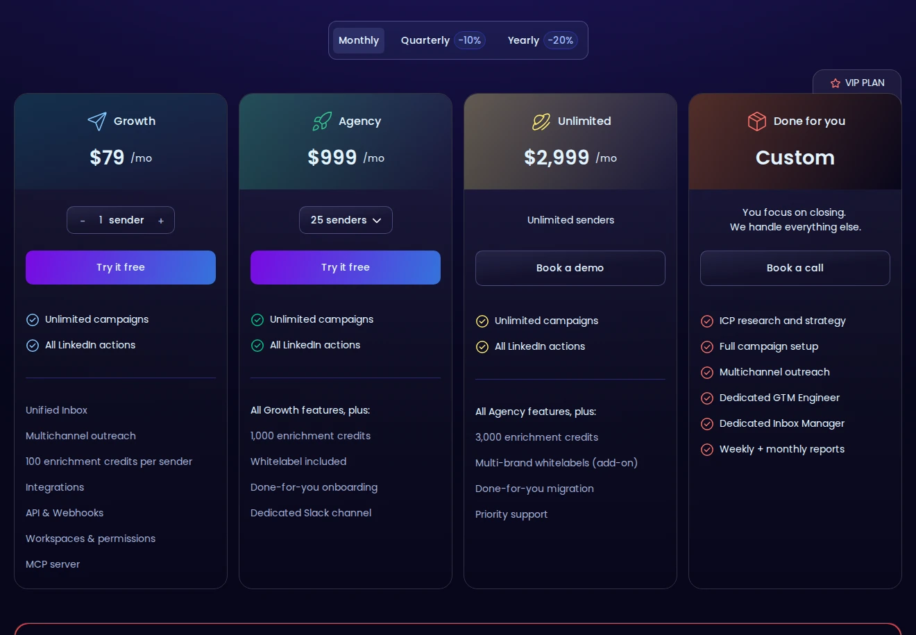 HeyReach monthly pricing distinguishes individual senders from agency bundles.