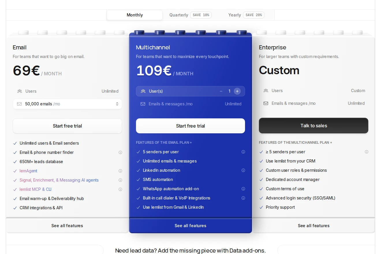 Lemlist monthly pricing and plan conditions.