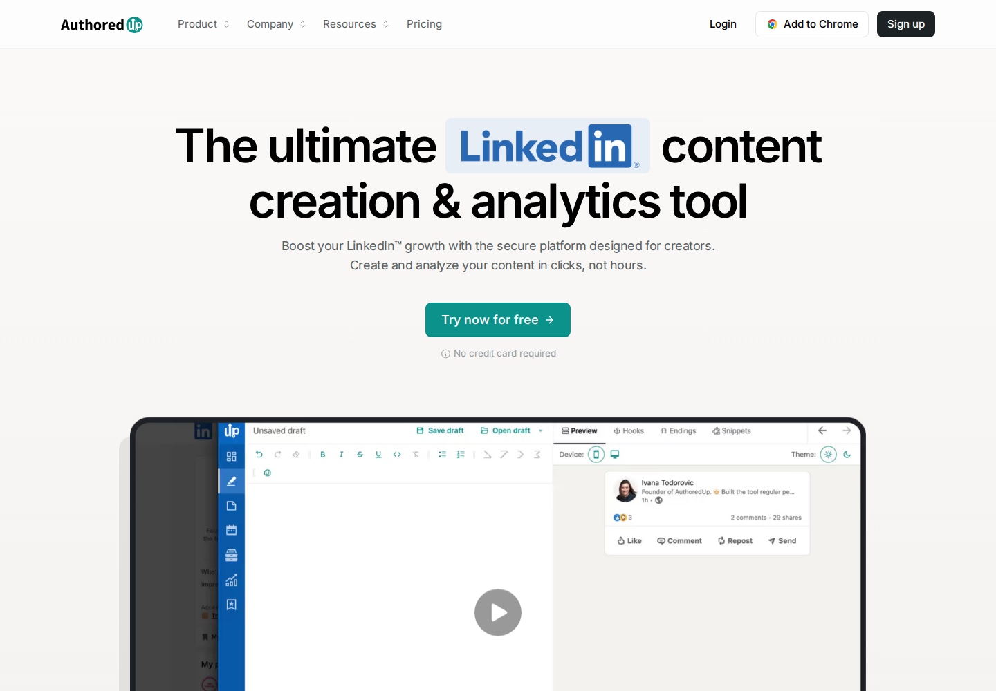 AuthoredUp official homepage introducing its LinkedIn content-creation workflow