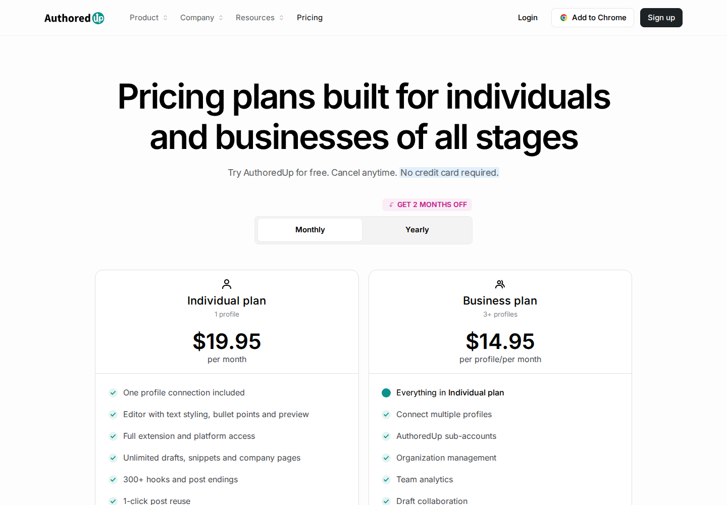 AuthoredUp official pricing with monthly Individual and Business plans selected