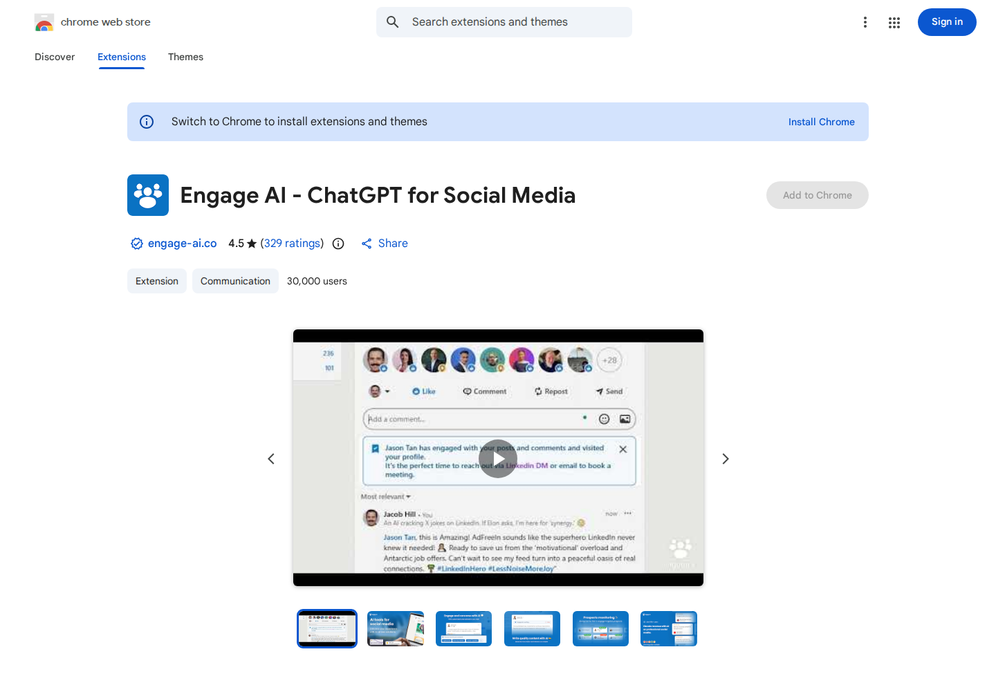 Engage AI official Chrome Web Store listing showing its separate AI-commenting extension