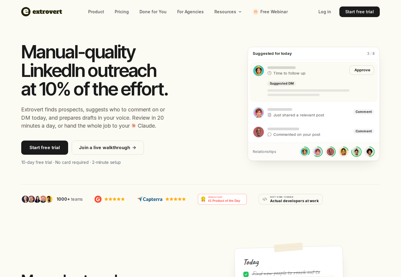 Extrovert official homepage introducing manual-quality LinkedIn outreach