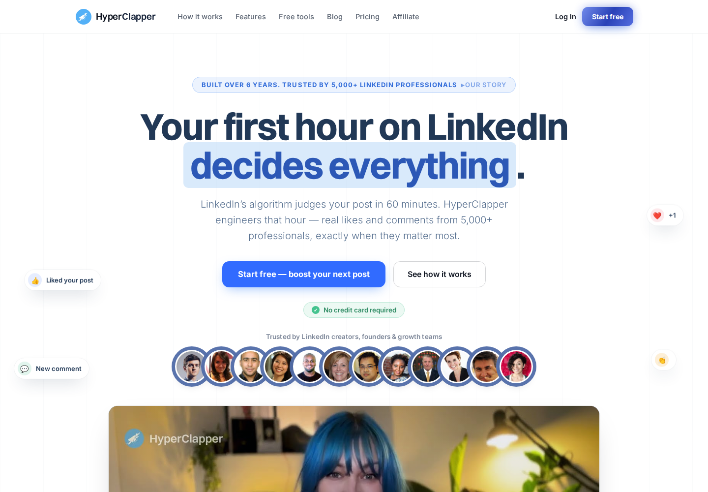 HyperClapper official homepage introducing channel-based LinkedIn post engagement