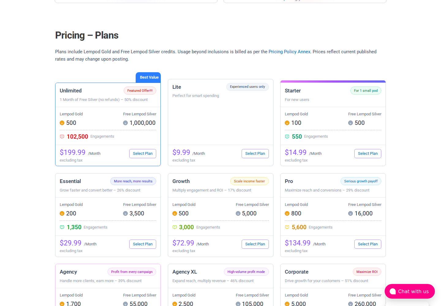 Lempod official pricing showing monthly plans and Gold and Silver allowances
