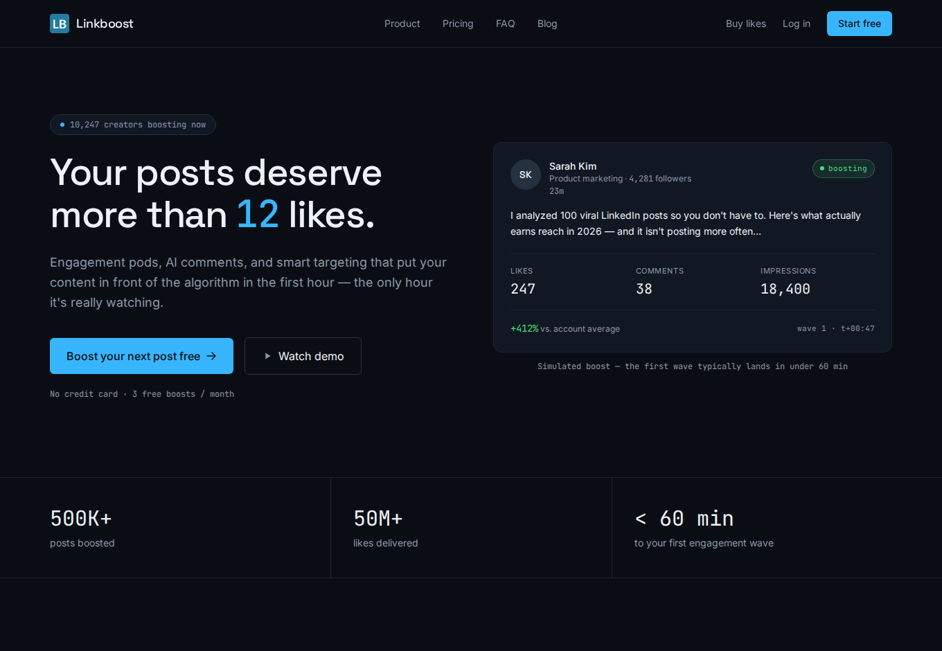 Linkboost official homepage showing its post-boosting offer