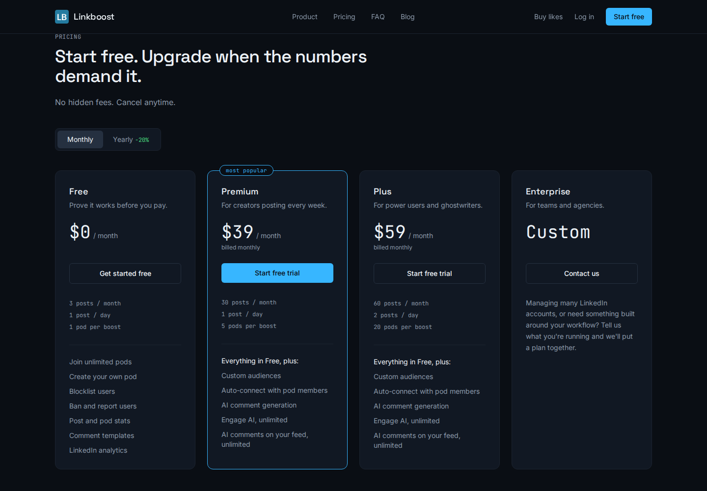 Linkboost official pricing with monthly billing selected
