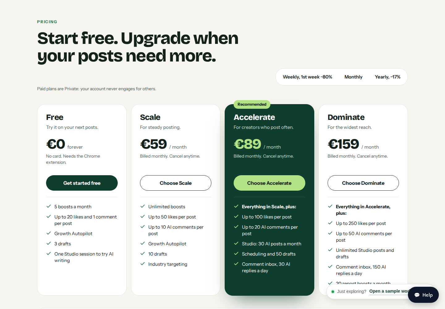 Podawaa official monthly pricing showing its free Community and paid Private plans
