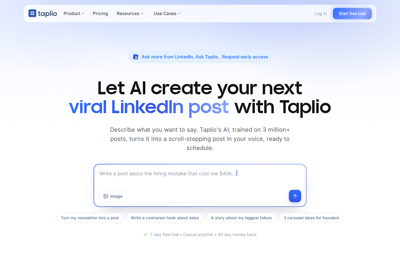 Taplio official homepage introducing its LinkedIn content and engagement suite