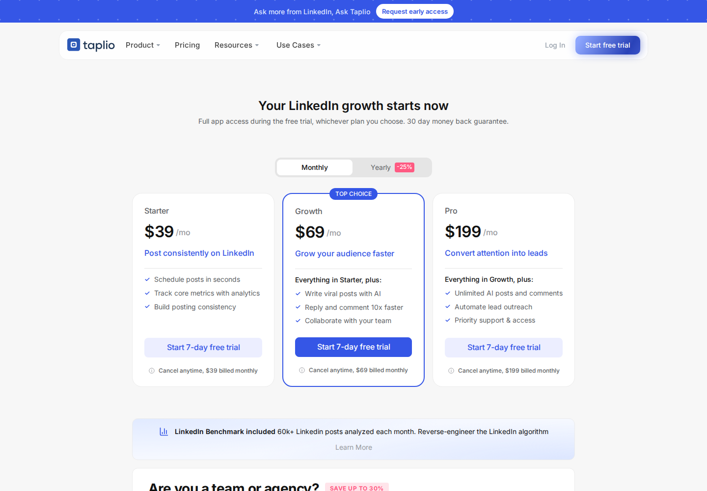 Taplio official pricing showing Starter, Growth and Pro billed monthly