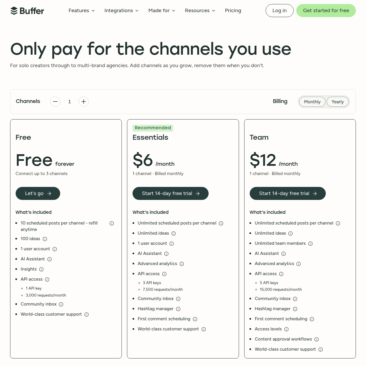 Buffer pricing: complete relevant plans and billing context.