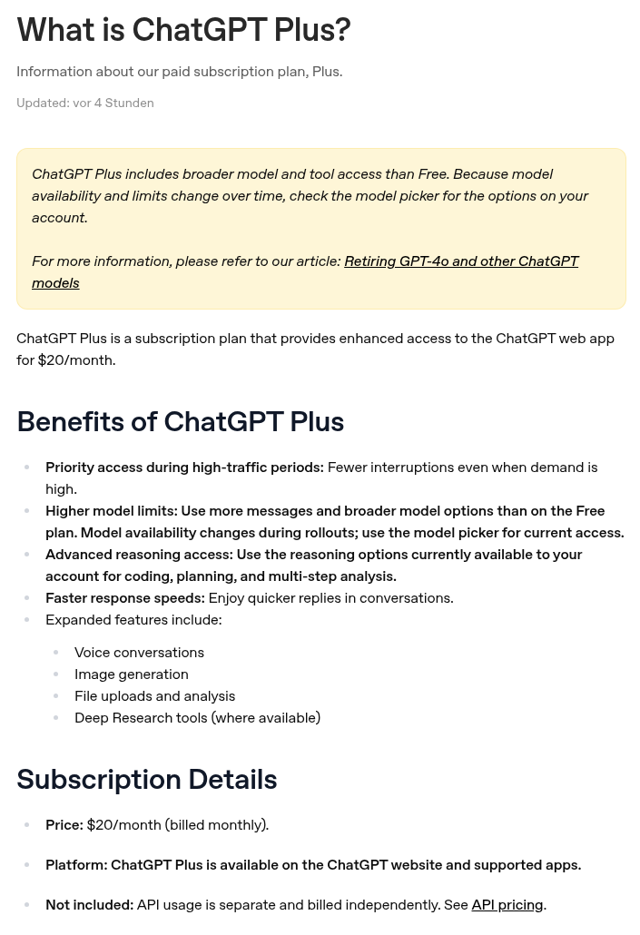 ChatGPT Plus official US price: $20/month, monthly billing, API billed separately.