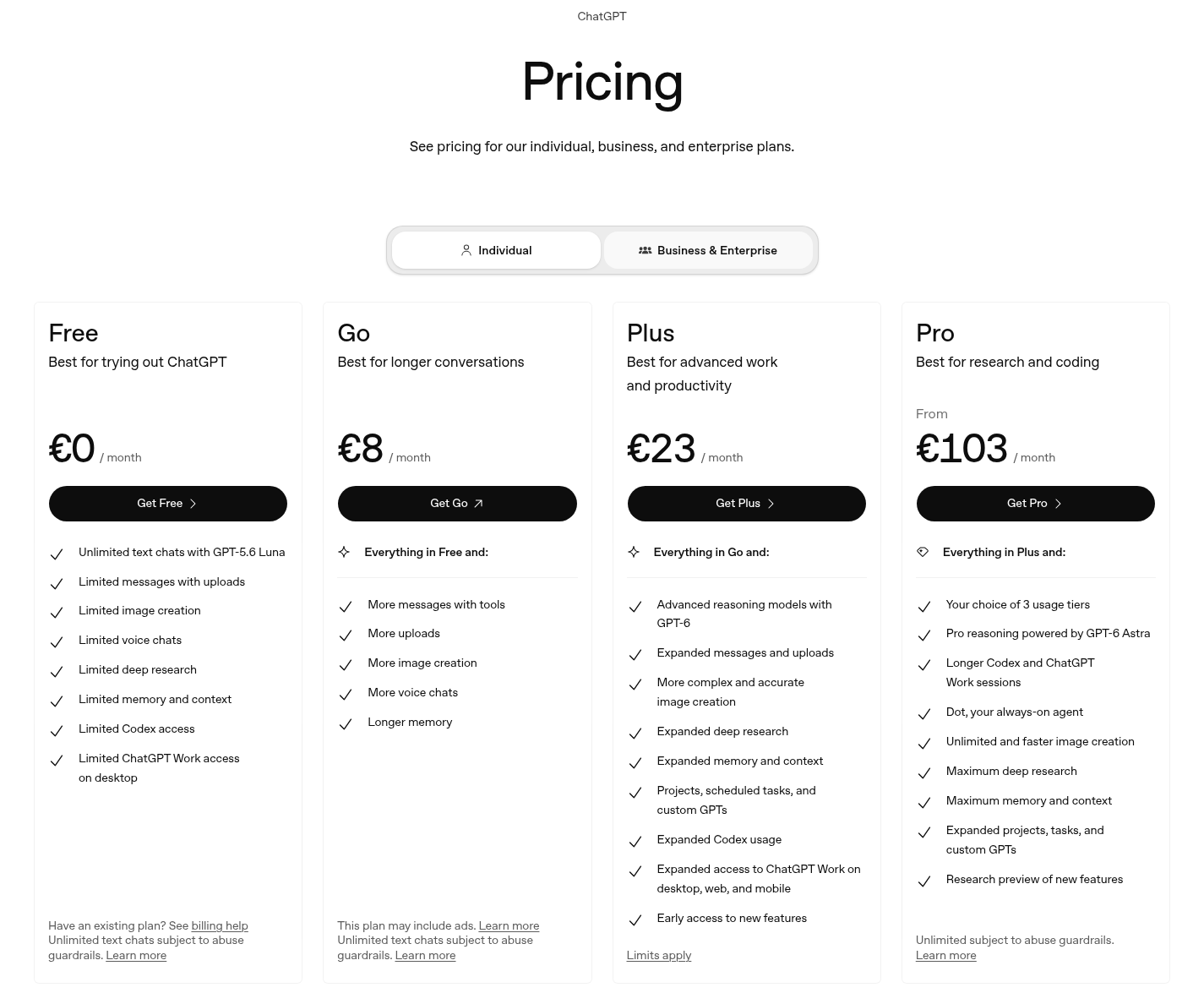 ChatGPT plans shown in EUR; Plus US pricing is $20/month, billed monthly.