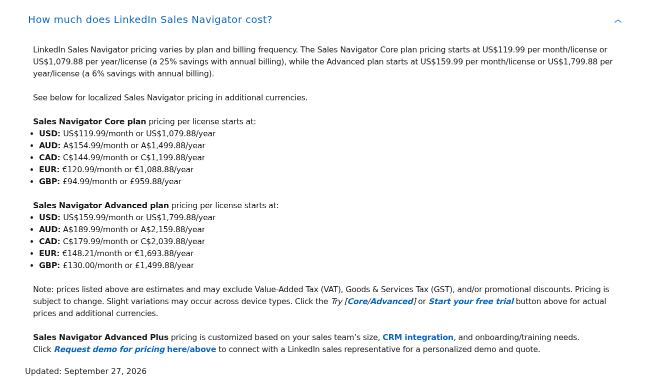 Sales Navigator official cost details: monthly and annual prices by region.