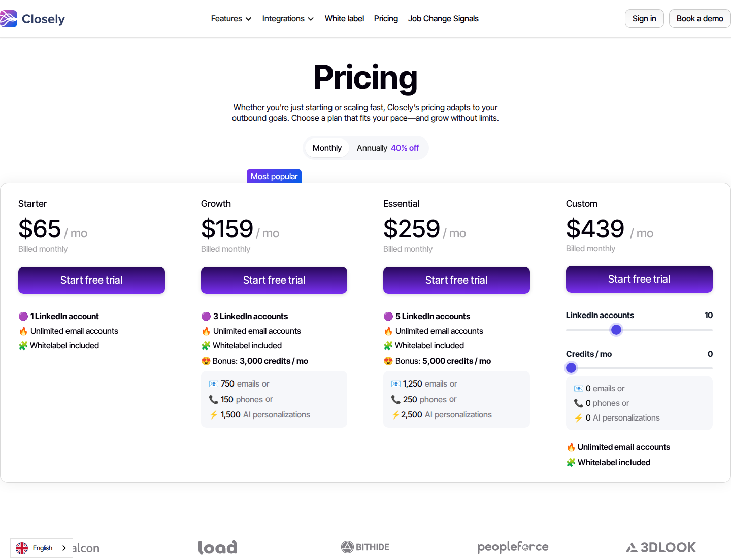 Closely official pricing with plan and billing options