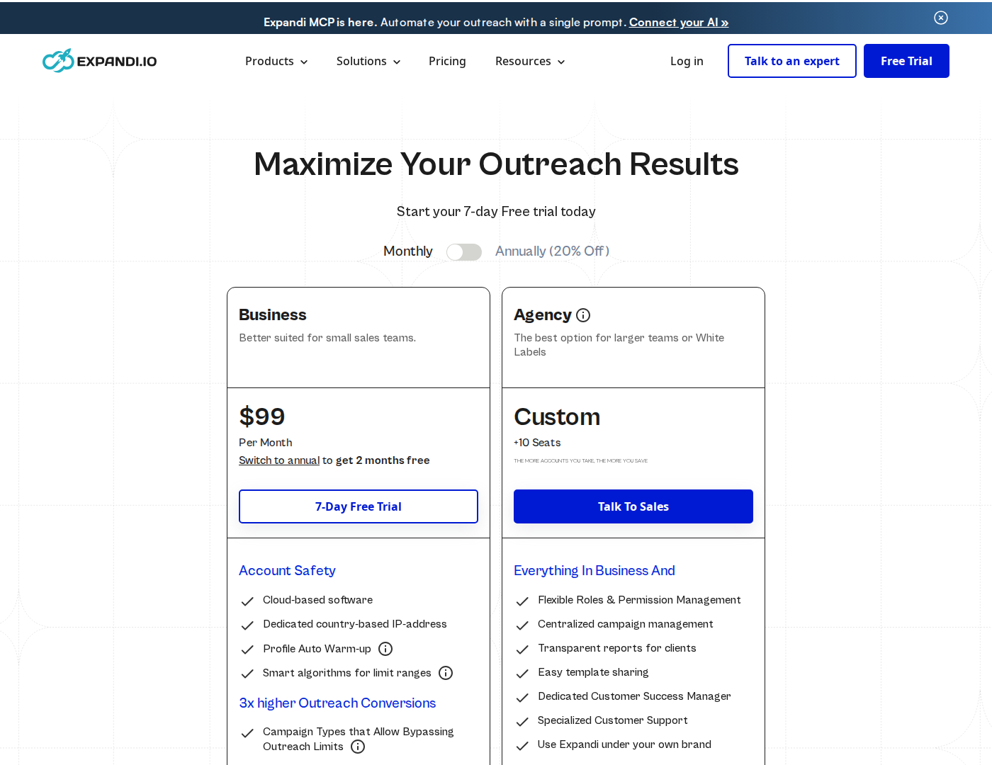 Expandi pricing showing the monthly Business plan at $99 per seat