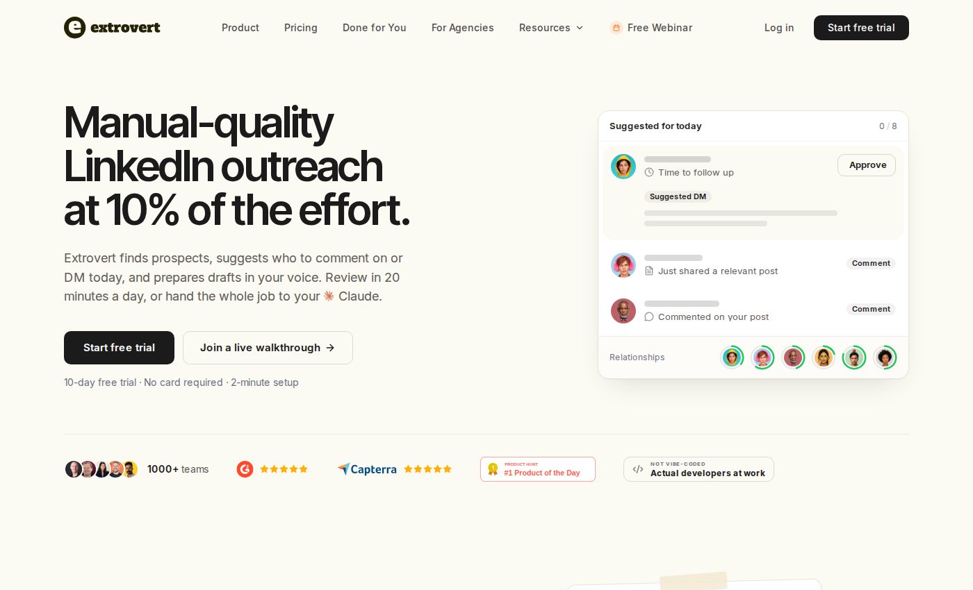 Extrovert official homepage showing its product positioning