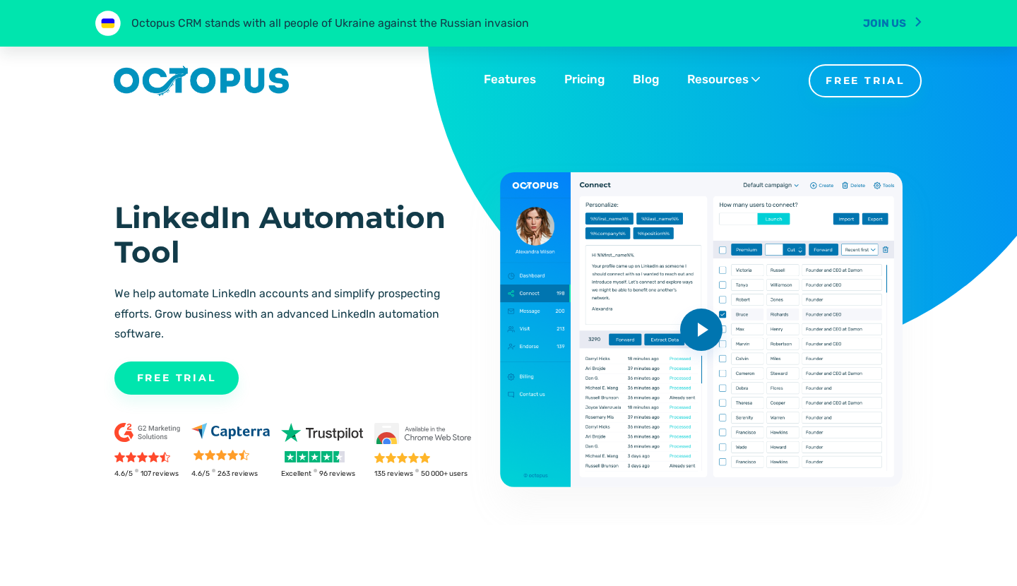 Octopus CRM official homepage showing its product positioning