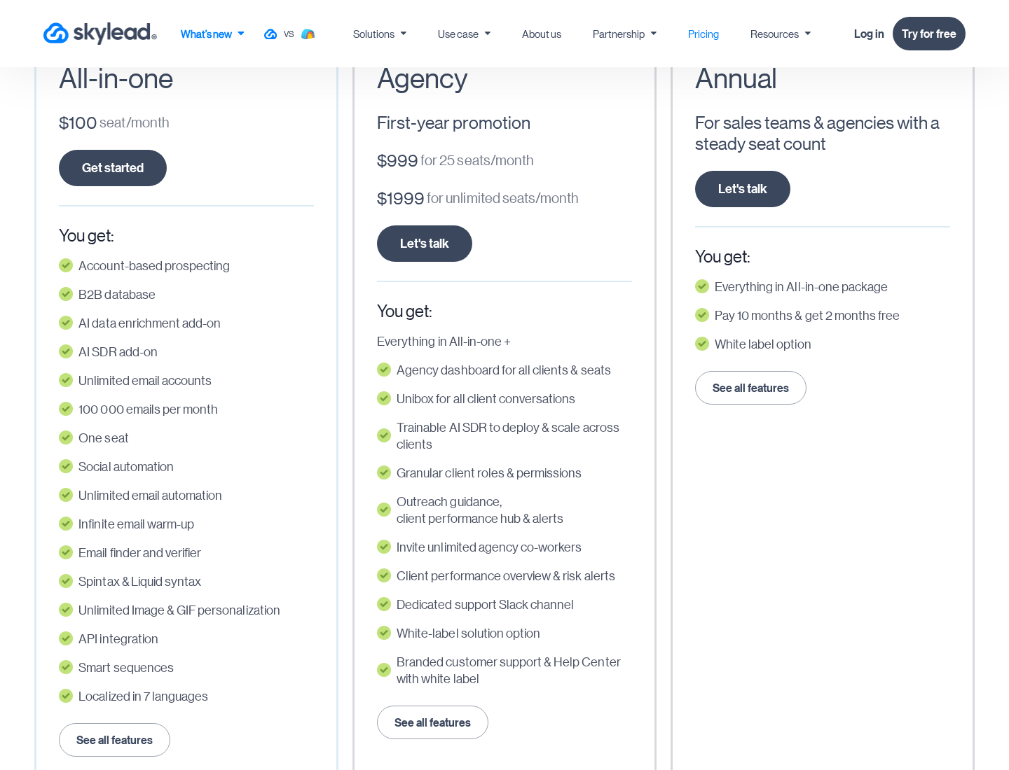 Skylead official pricing with plan and billing options