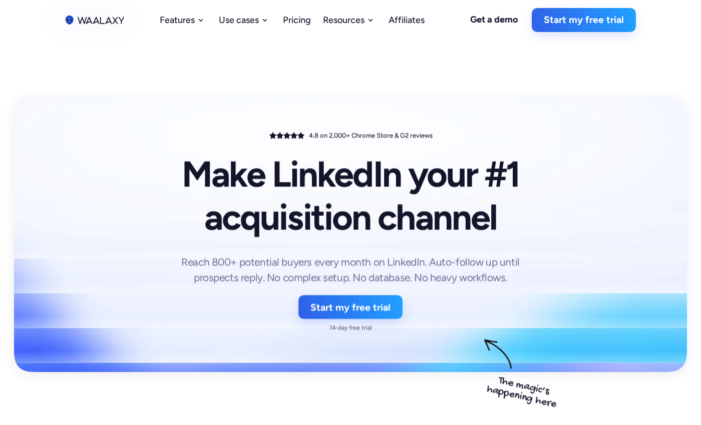 Waalaxy homepage presenting its LinkedIn prospecting product