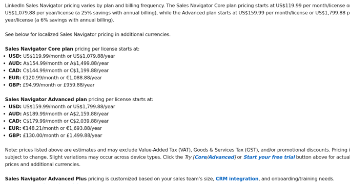 LinkedIn Sales Navigator official pricing section