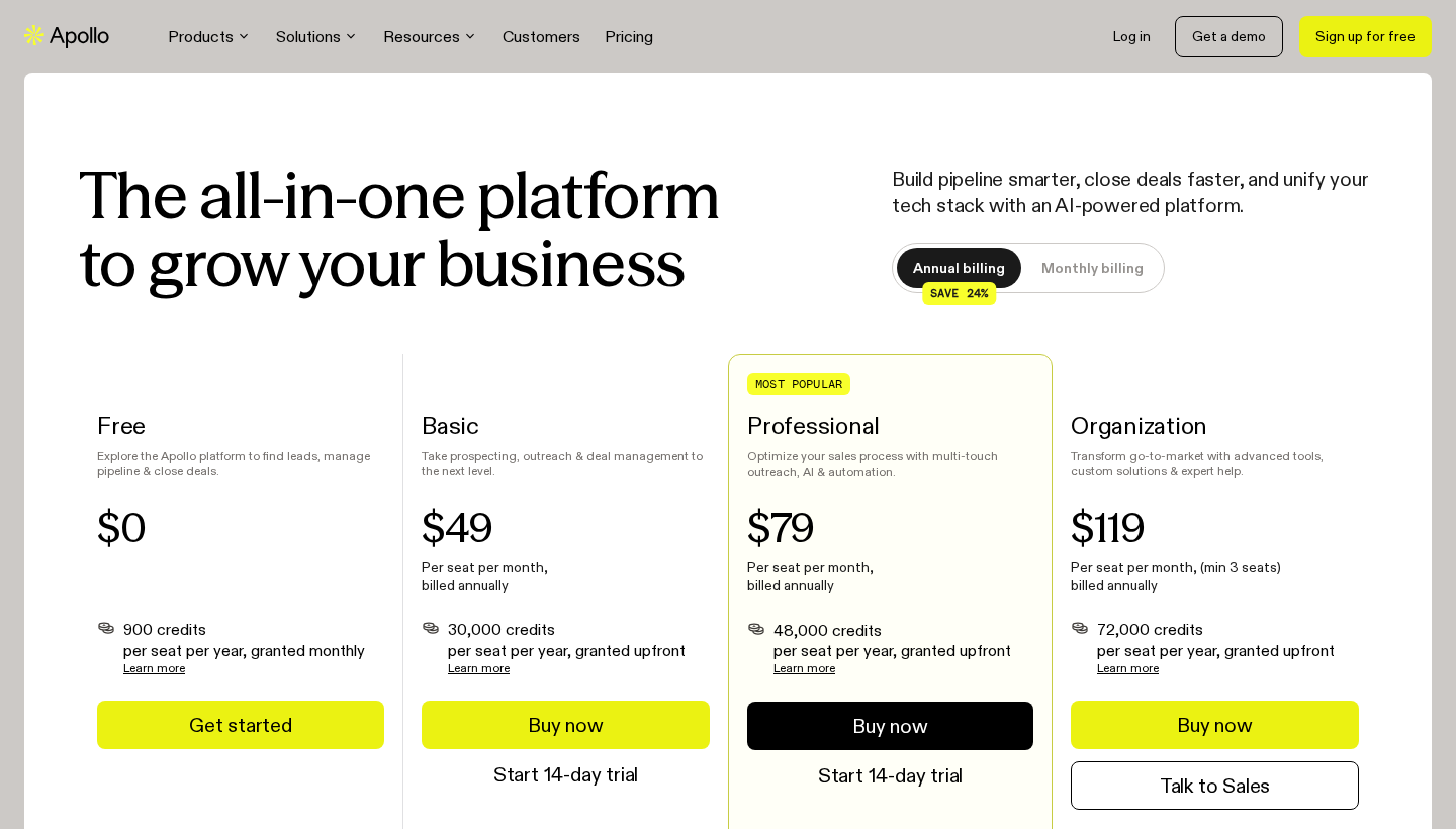 Apollo pricing showing annual Free, Basic, Professional and Organization plans