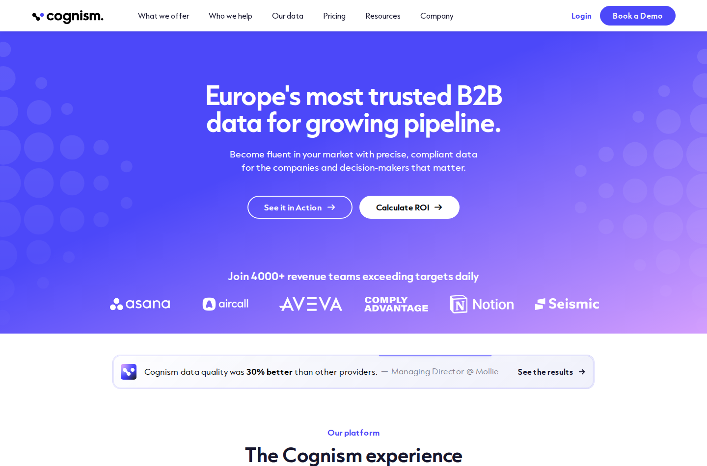 Cognism homepage showing its B2B data positioning