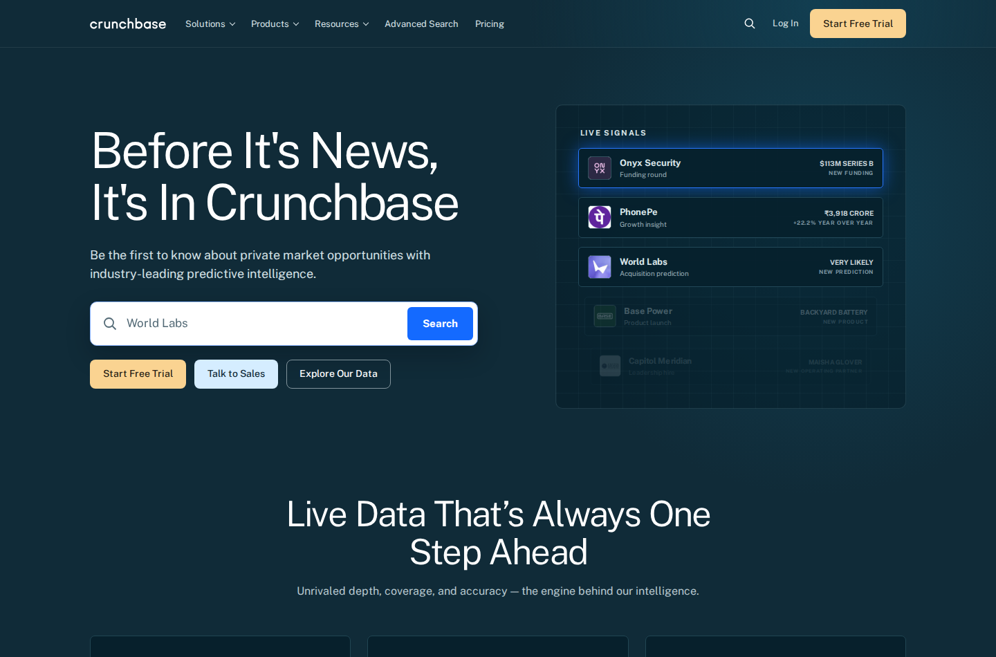 Crunchbase homepage showing company intelligence and growth research