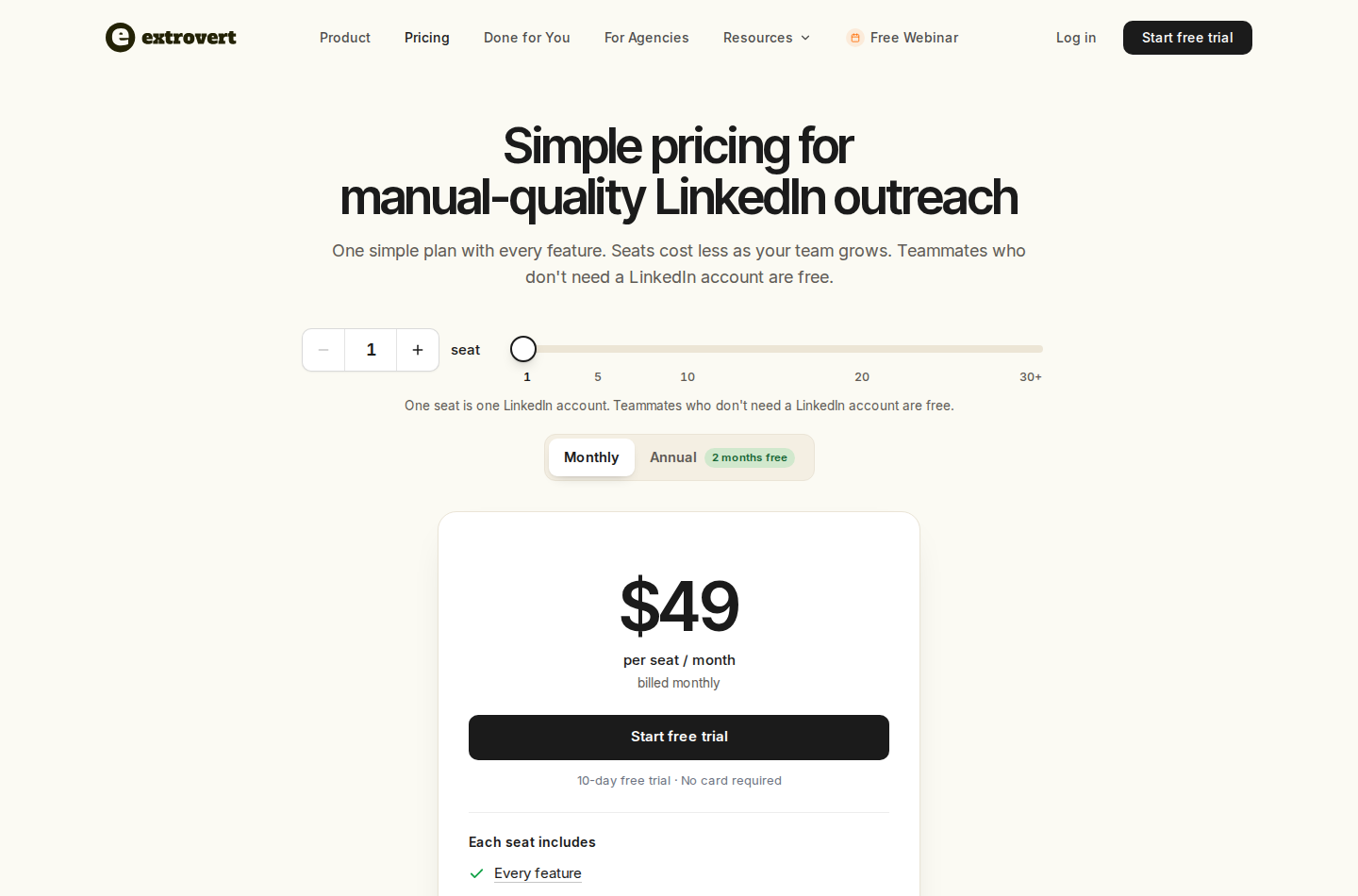 Extrovert pricing showing one seat at $49 per month billed monthly