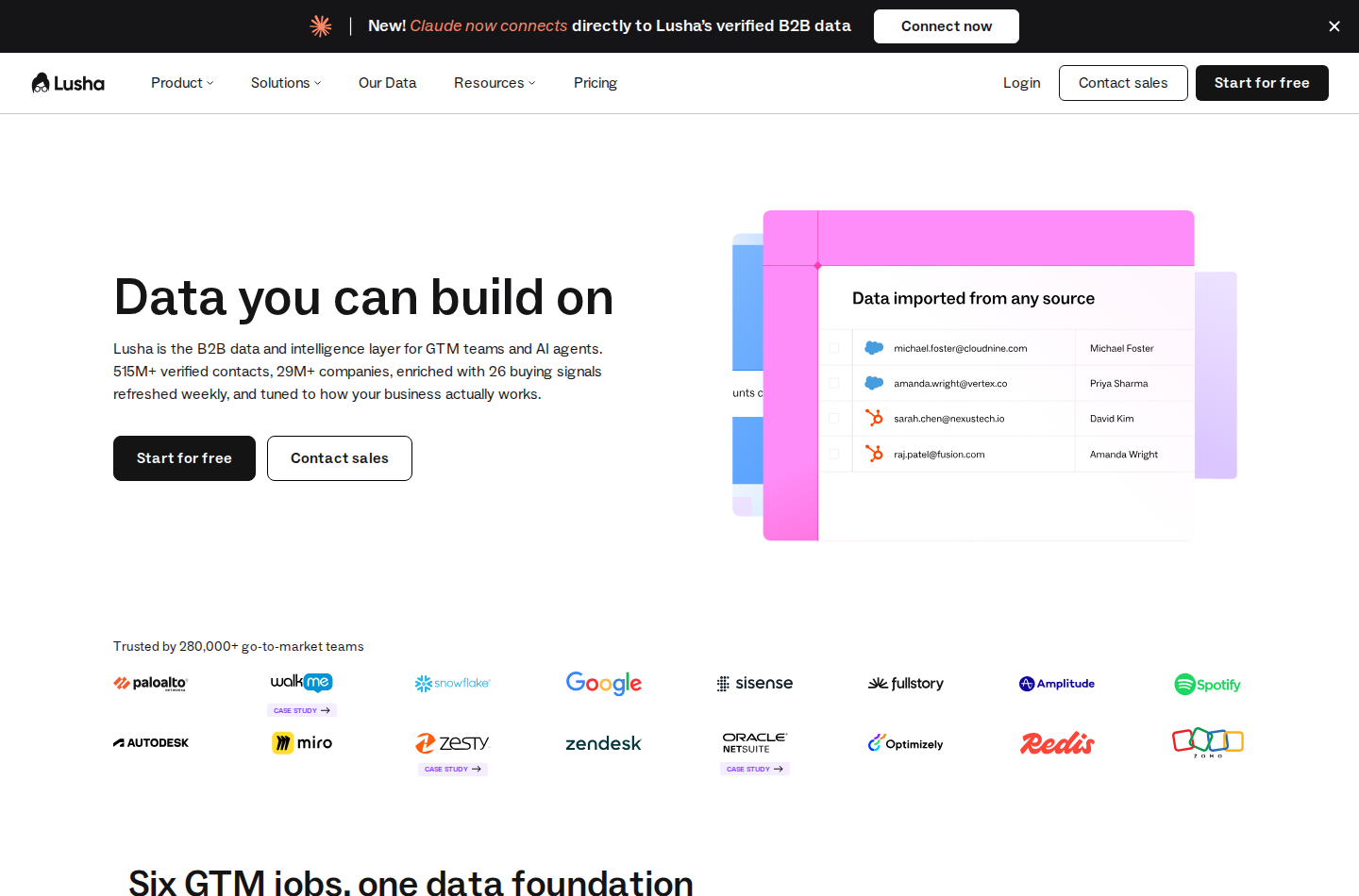 Lusha homepage showing its data platform
